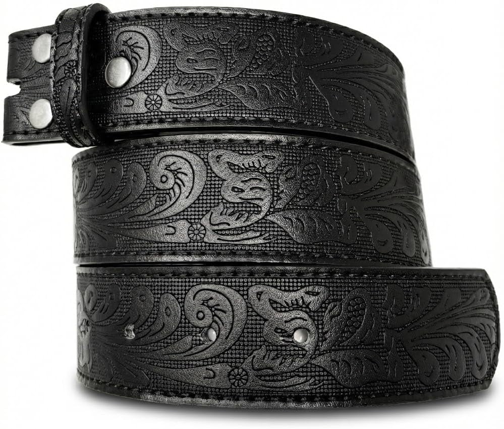 Western Leather Belt Strap - 1.5” Wide with Embossed Scrollwork without Buckle for Men & Women, Cowboy/Cowgirl Style
