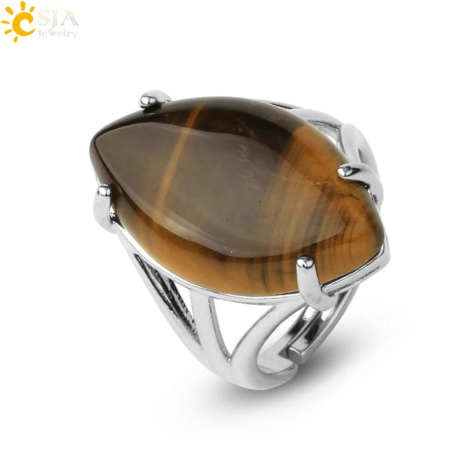 CSJA Crystal Rings Natural Stone Ring for Women Men Adjustable Healing Pink Quartz Lapis Lazuli Opal Turquoise Finger Rings G574