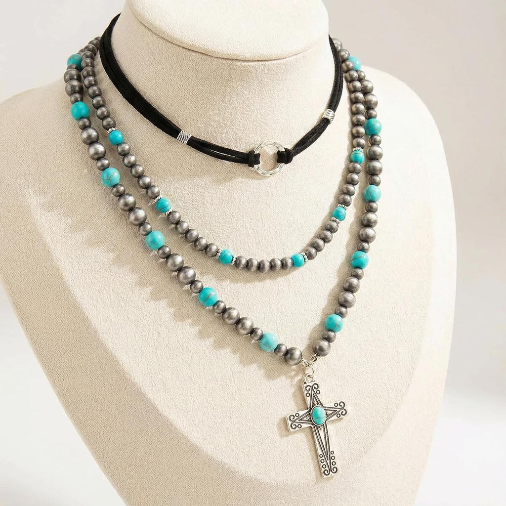 Western Necklaces for Women, Bohemian Style Turquoise Layered Pendant Set, Three Piece Jewelry Collection with Adjustable Length, Western Fashion Accessories for Casual Wear and Special Occasions
