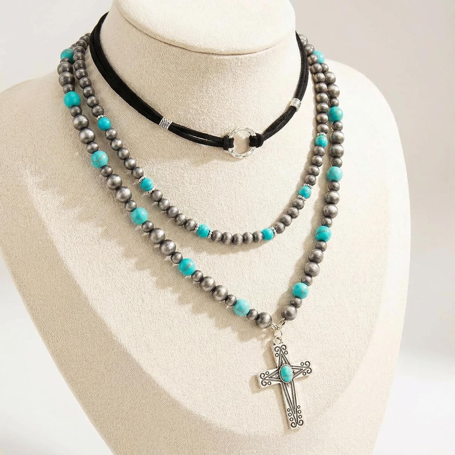 Western Necklaces for Women, Bohemian Style Turquoise Layered Pendant Set, Three Piece Jewelry Collection with Adjustable Length, Western Fashion Accessories for Casual Wear and Special Occasions