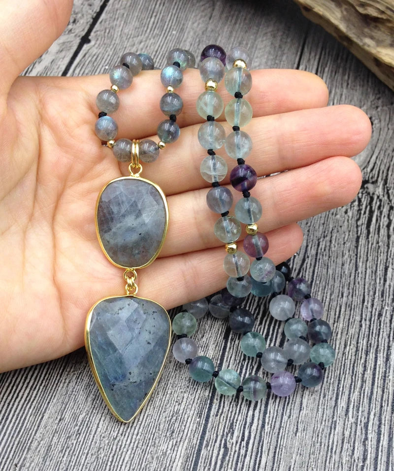 YA2737 Labradorite Pendant Stone Fluorite Beads Knot Handmade Necklace