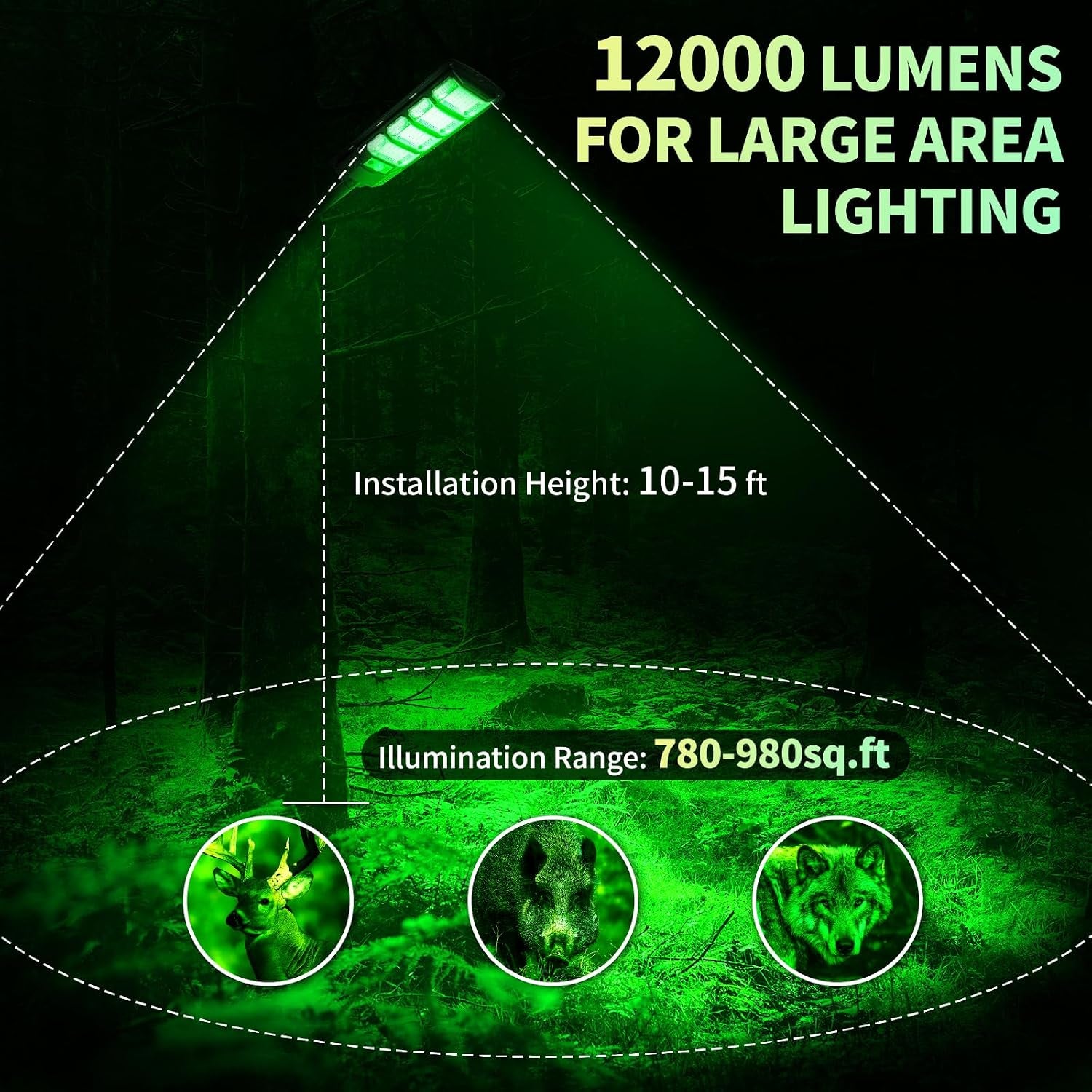 Hog Lights for Night Hunting - 12000LM Green Hunting Light for Hogs with Remote Control, Motion Sensor and Waterproof, Solar Powered Hog Feeder Light for Deer Coyote Varmint