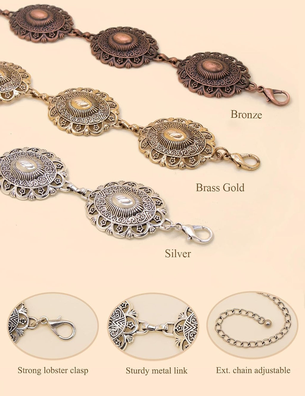 Western Metal Concho Belt for Women Cowgirl Chain Belts for Dresses Jeans Country Concert Outfit