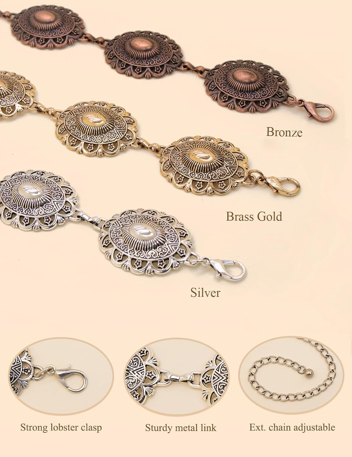 Western Metal Concho Belt for Women Cowgirl Chain Belts for Dresses Jeans Country Concert Outfit