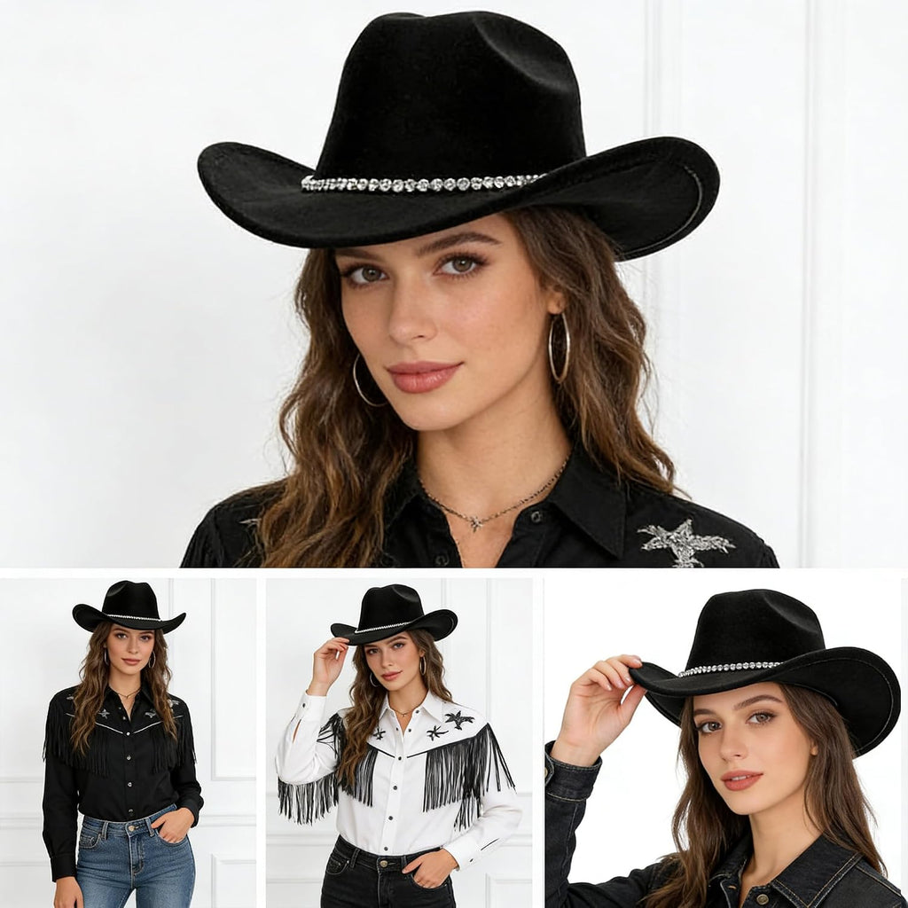 Women Sparkly-Rhinestone Western-Cowgirl-Hat Glitter-Bling Cowboy-Hat Felt-Rodeo-Hat for Disco-Party Medium/Large