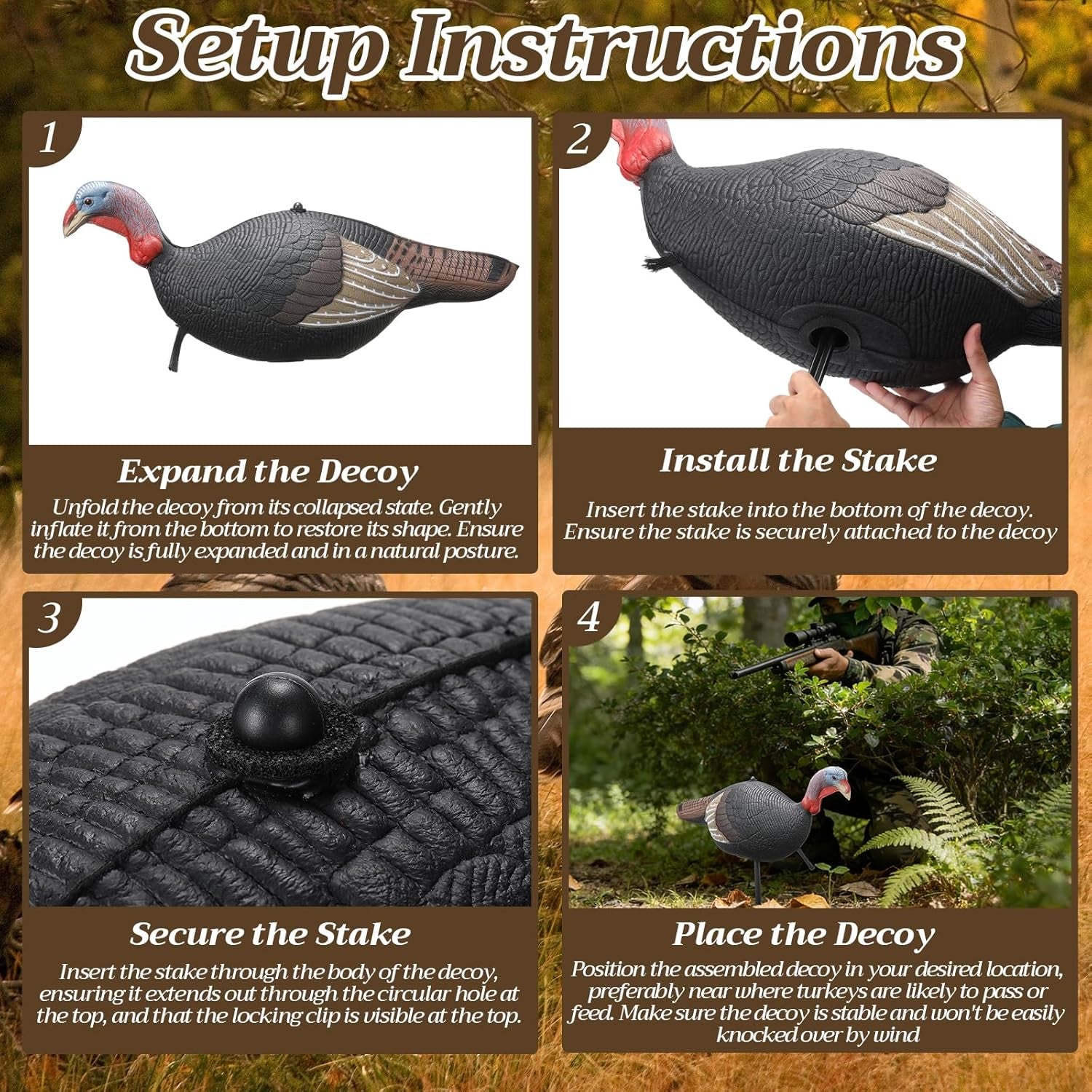 Collapsible Turkey Decoy for Hunting - Durable Realistic Lifelike Lightweight Standing Hunting Decoy with Stake for Field Forest Wood Ground Outdoor