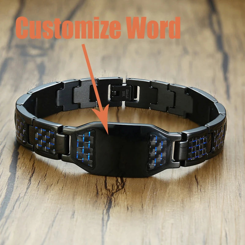 Engravable Dragon Scorpion Wolf Carbon Fiber Male Bracelets Personalize Men ID Bracelet Stainless Steel Jewelry to Father Gift