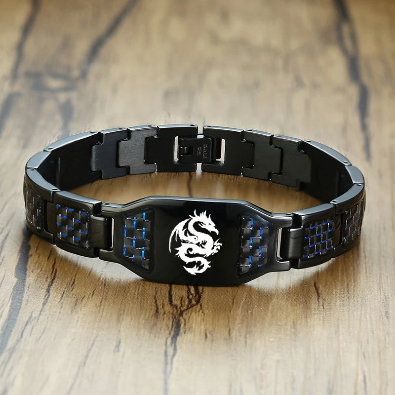 Engravable Dragon Scorpion Wolf Carbon Fiber Male Bracelets Personalize Men ID Bracelet Stainless Steel Jewelry to Father Gift