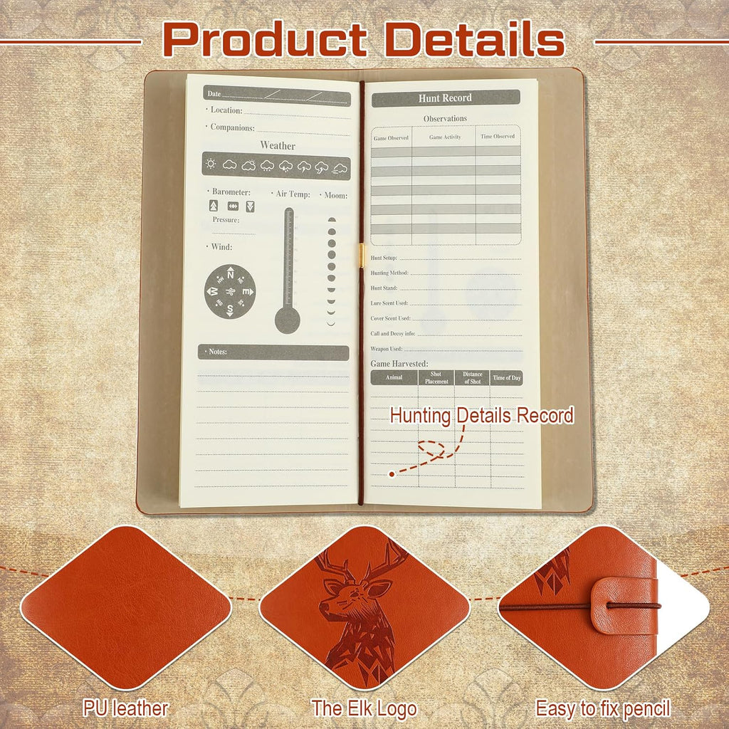 Hunting Log Book with Pen Leather Hunting Journal Book Pocket Elk Hunting Log Book Hunting Gifts for Men Designed for Huntsman to Record Hunt Details, 96 Pages (Brown)