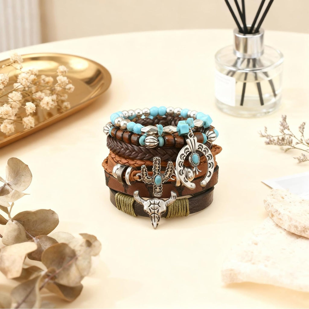 Western Bracelet for Women,Bohemian Cowgirl Turquoise Beaded Stretch Bracelets,Vintage Stackable Bull Head Cowboy Boots Feather Bracelets Set,Country Ethnic Western Jewelry Accessories for Women Men