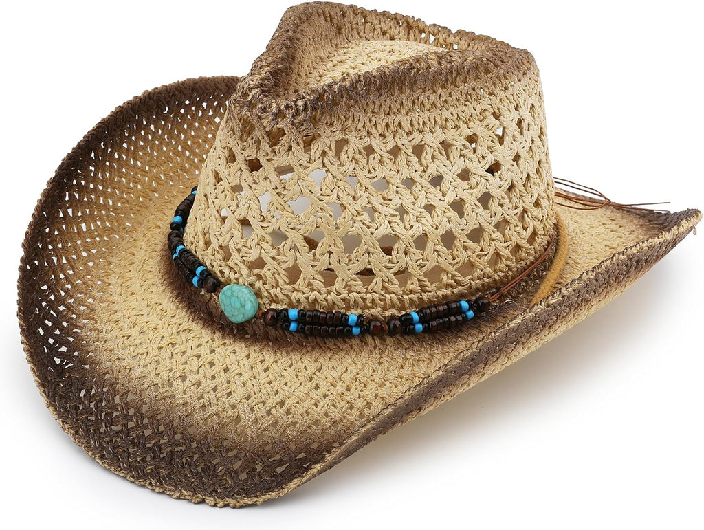 Straw Sun Cowboy Hat for Women and Men, Breathable Concert Rodeo Western Cowgirl Hat, Classic Cattleman Style