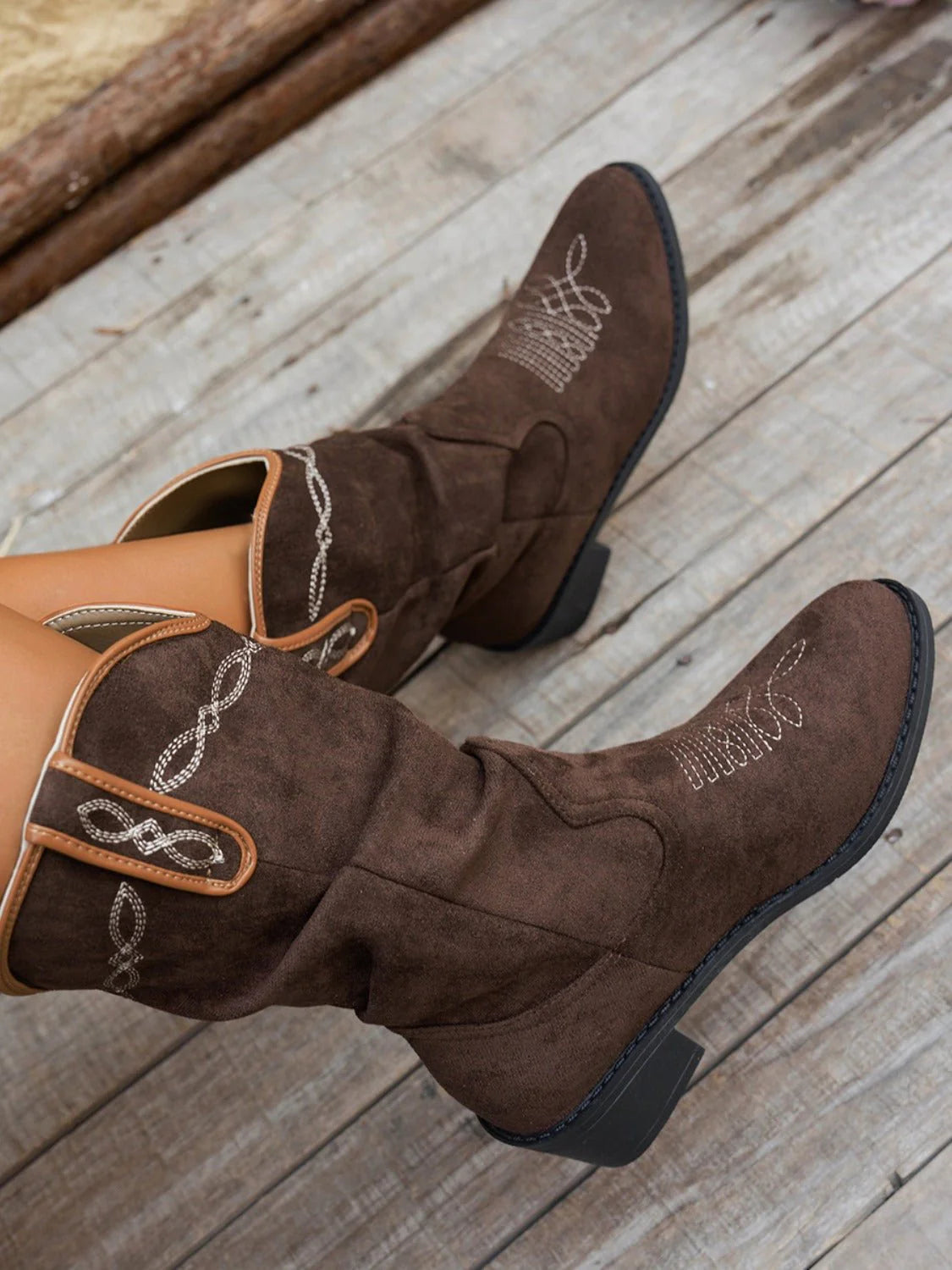 Wrenna | Faux Leather Western Cowboy Boots with Pointed Toe and Mid-Calf Rustic Design | Women’S Boots