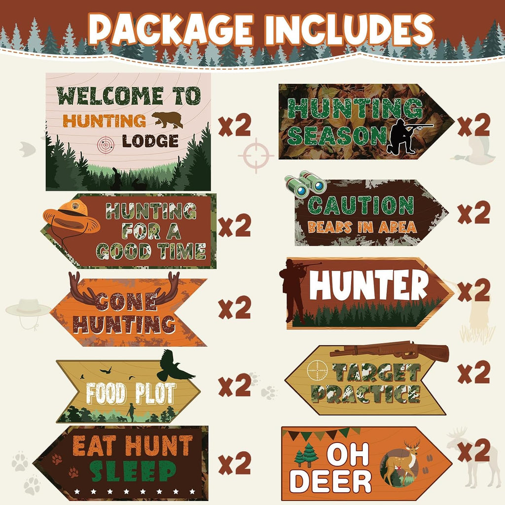 20 Pcs Hunting Party Decorations Signs Welcome to Hunting Lodge Directional Signs Deer Camo Decorations for Door Wall Yard Photo Booth Props Birthday Party Supplies