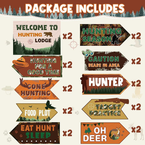 20 Pcs Hunting Party Decorations Signs Welcome to Hunting Lodge Directional Signs Deer Camo Decorations for Door Wall Yard Photo Booth Props Birthday Party Supplies