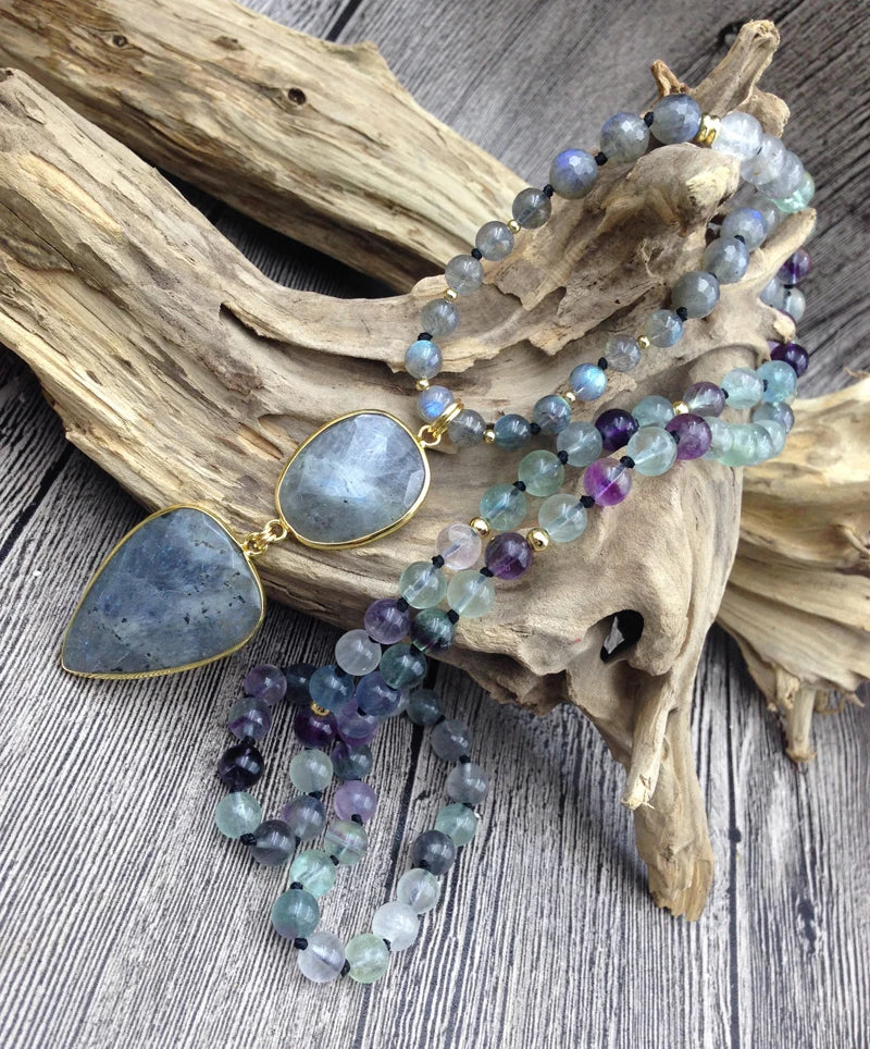 YA2737 Labradorite Pendant Stone Fluorite Beads Knot Handmade Necklace