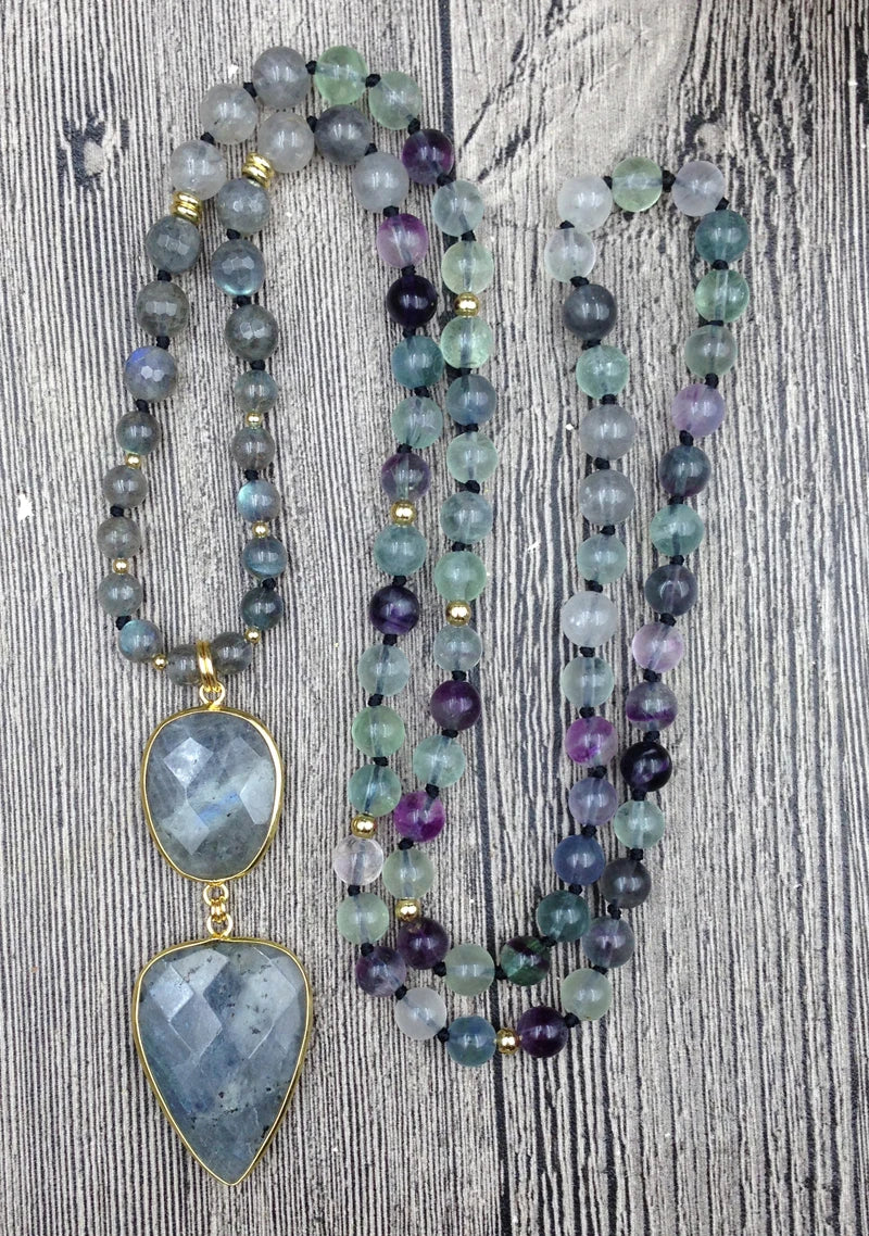 YA2737 Labradorite Pendant Stone Fluorite Beads Knot Handmade Necklace
