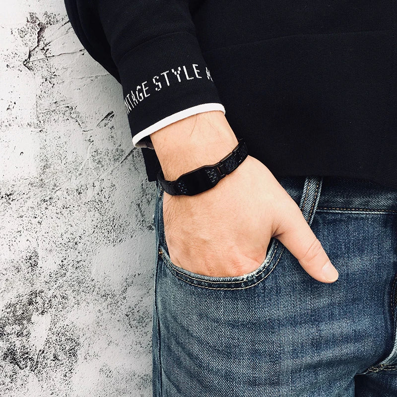 Engravable Dragon Scorpion Wolf Carbon Fiber Male Bracelets Personalize Men ID Bracelet Stainless Steel Jewelry to Father Gift