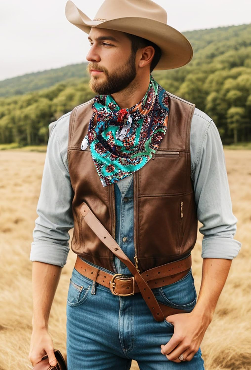35 Inch Wild Rag Cowboy Scarves for Men, Large Rancher Neckerchief Silk Feel, Oversize Western Bandana Paisley
