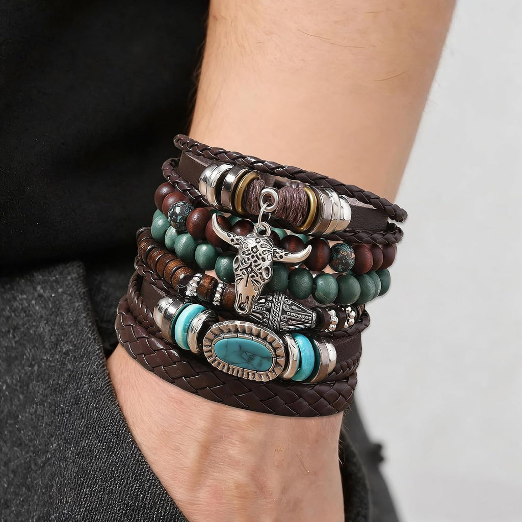 Western Bracelet for Women,Bohemian Cowgirl Turquoise Beaded Stretch Bracelets,Vintage Stackable Bull Head Cowboy Boots Feather Bracelets Set,Country Ethnic Western Jewelry Accessories for Women Men