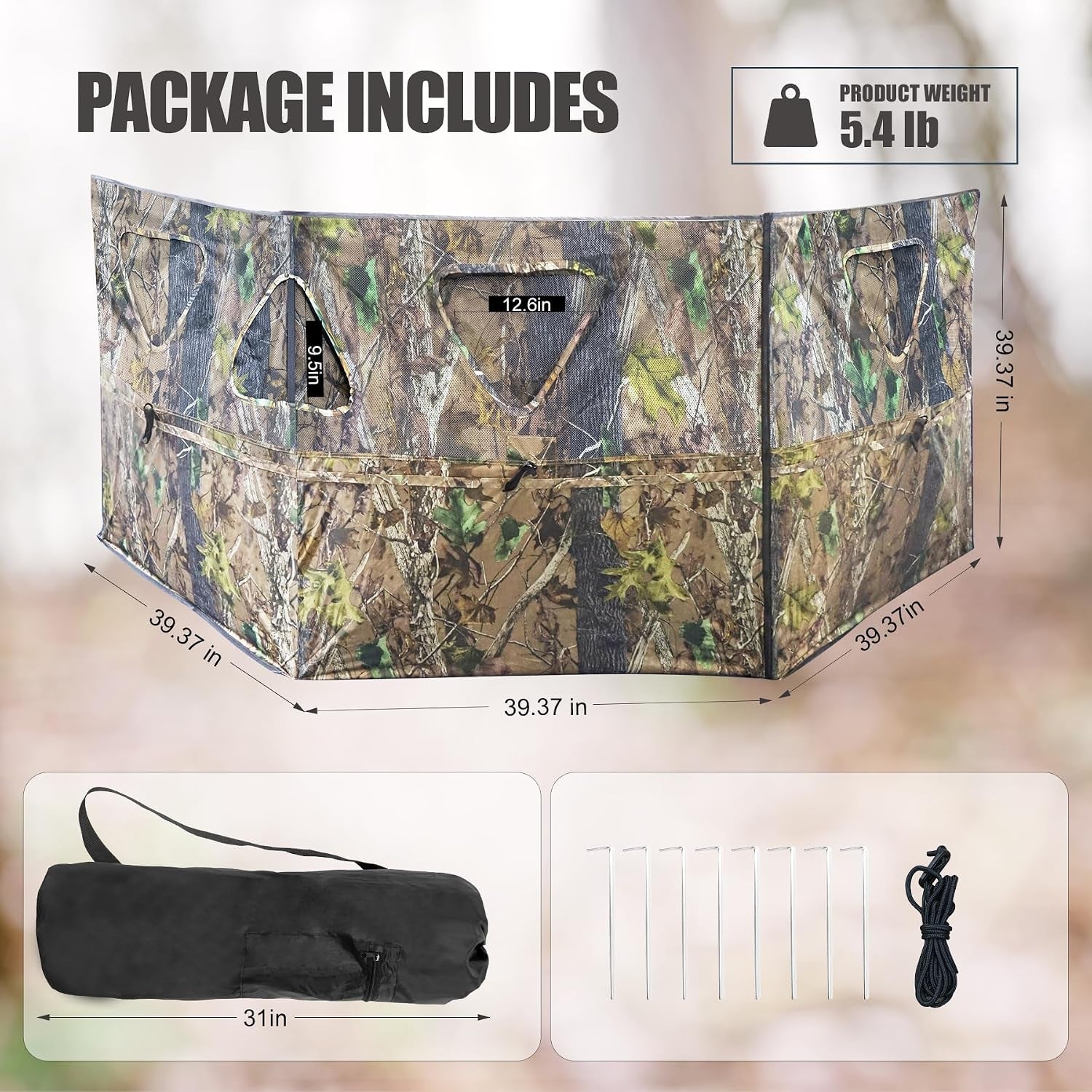 Hunting Blind 3-Panel Ground Blind with Carrying Bag Portable Hunting Ground Blinds for Deer Waterfowl Turkey Hunting