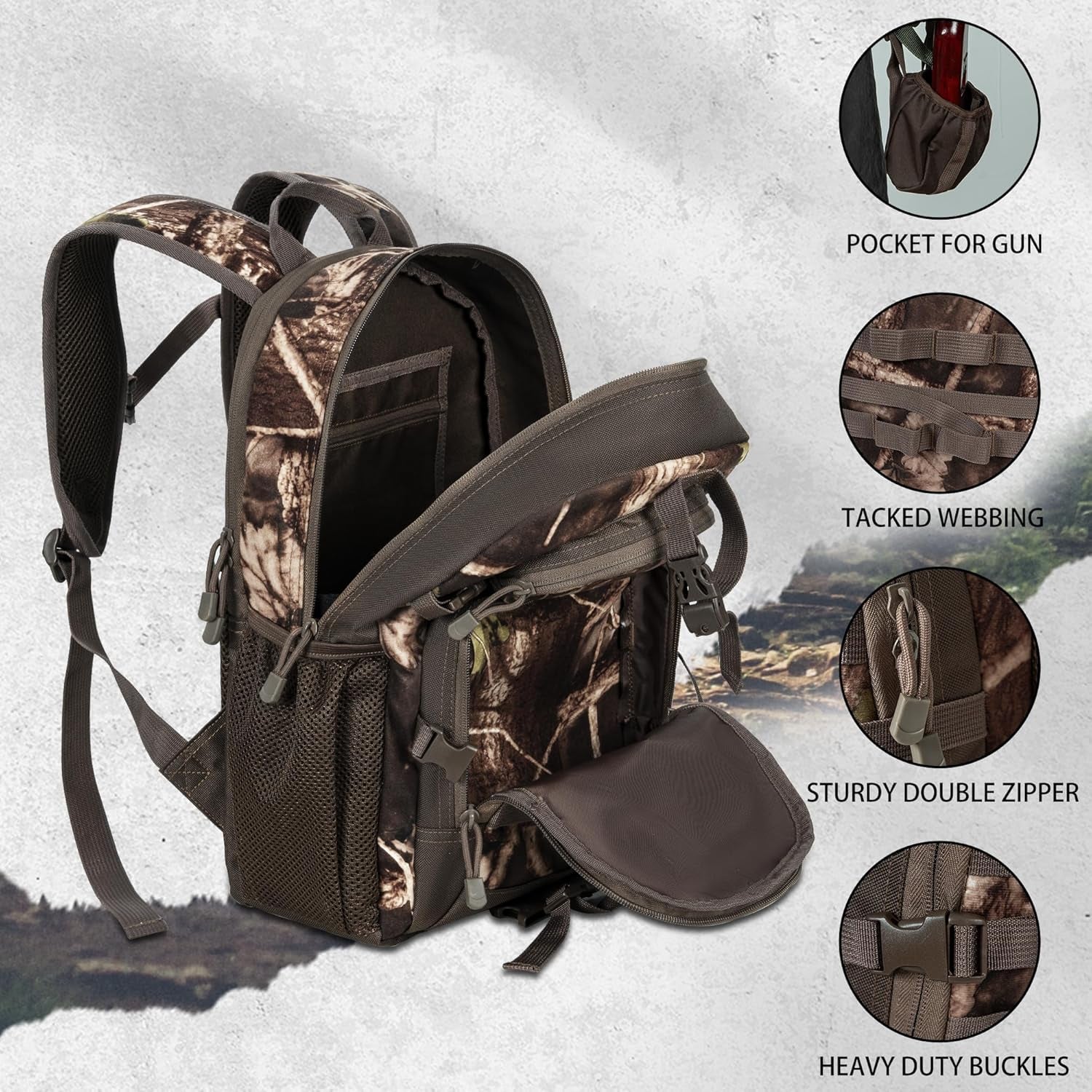 Hunting Backpack, Camo Outdoor Hunting Pack for Bow or Rifle with Holder for Hunting, Camping, Hiking