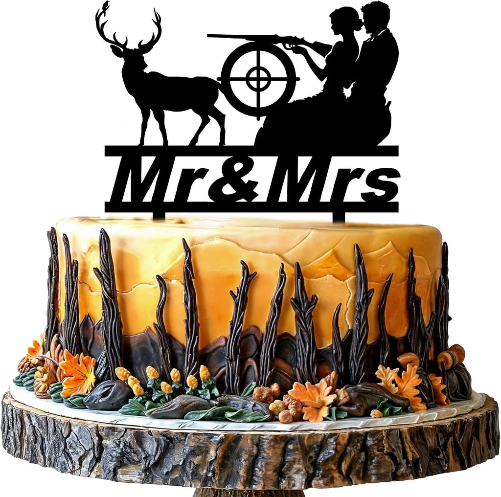Hunting Wedding Cake Topper Funny Mr & Mrs Wedding Cake Decorations Deer Hunt Hunter Themed Cake Topper for Wedding Anniversary Bridal Shower Party Supplies