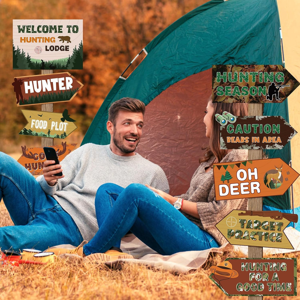 20 Pcs Hunting Party Decorations Signs Welcome to Hunting Lodge Directional Signs Deer Camo Decorations for Door Wall Yard Photo Booth Props Birthday Party Supplies