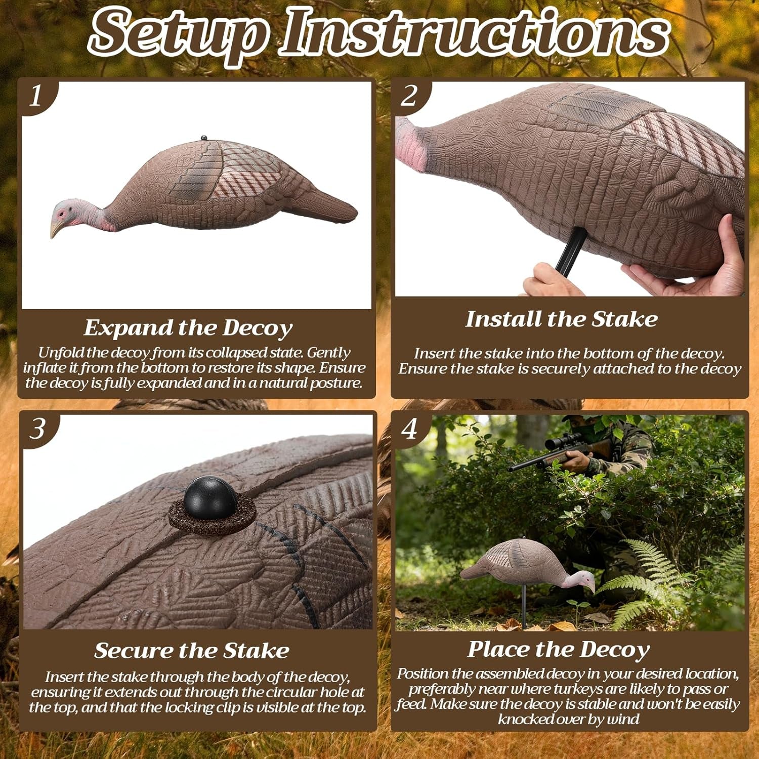 Collapsible Turkey Decoy for Hunting - Durable Realistic Lifelike Lightweight Standing Hunting Decoy with Stake for Field Forest Wood Ground Outdoor