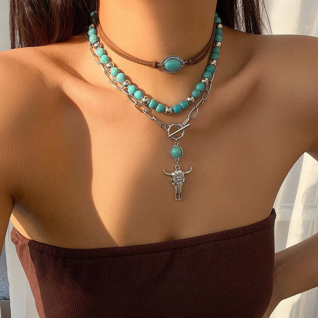 Western Choker Necklaces for Women Vintage Layered Turquoise Beaded Western Jewelry Boho Ox-Head Cactus Cross Chain Choker Native Tribal Cowgirl Dresses Accessories (Style-A)
