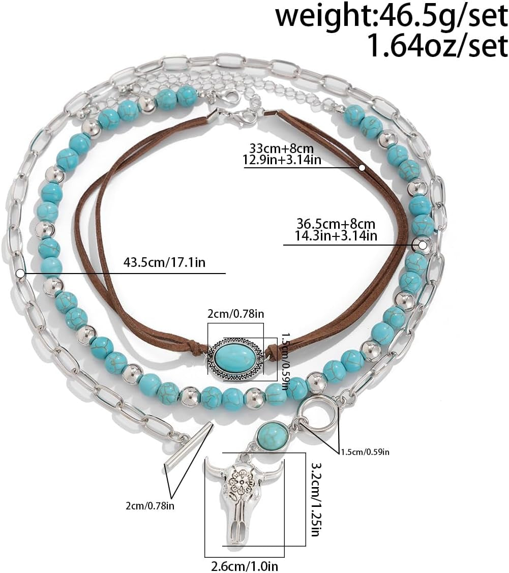 Western Choker Necklaces for Women Vintage Layered Turquoise Beaded Western Jewelry Boho Ox-Head Cactus Cross Chain Choker Native Tribal Cowgirl Dresses Accessories (Style-A)