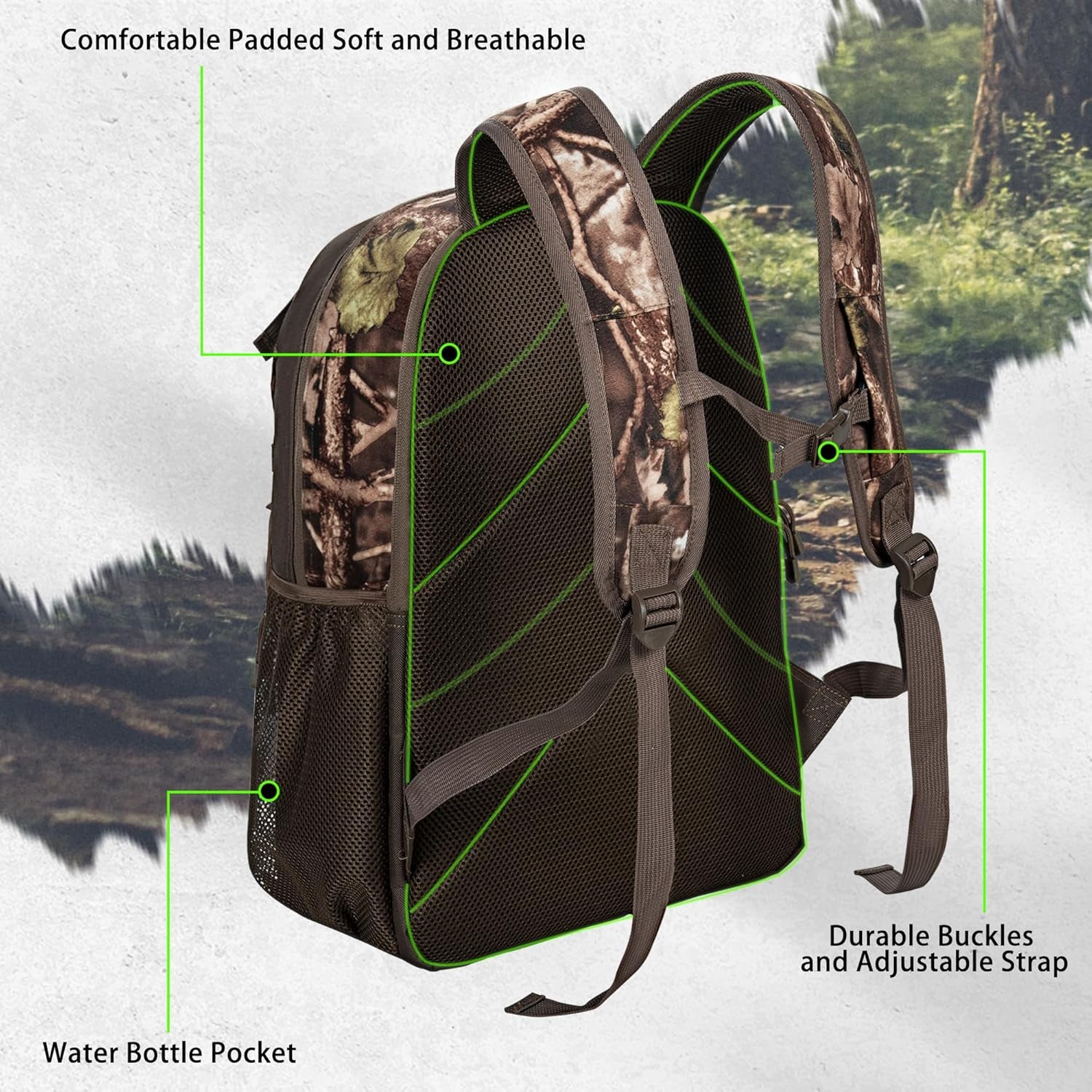 Hunting Backpack, Camo Outdoor Hunting Pack for Bow or Rifle with Holder for Hunting, Camping, Hiking