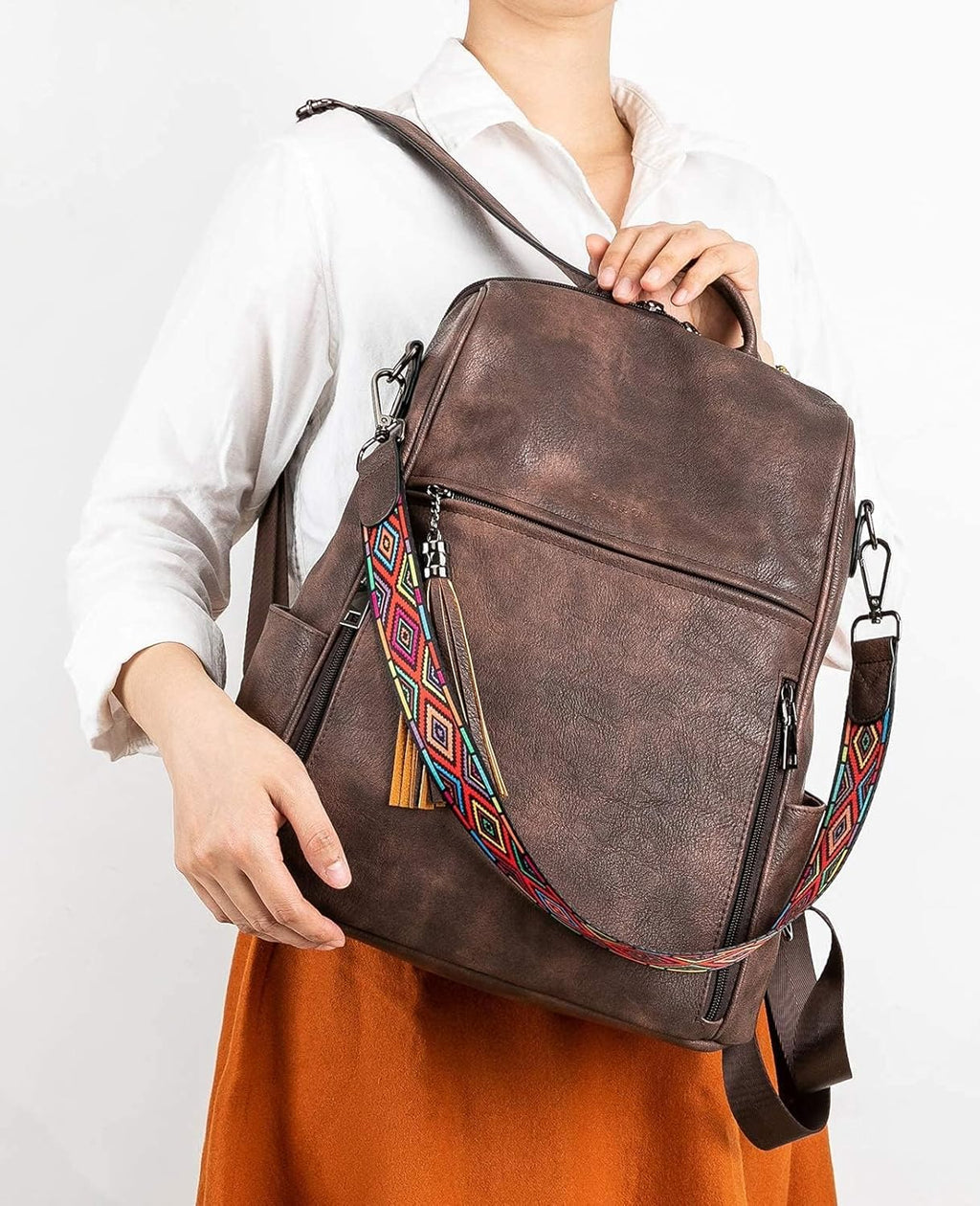 Leather Backpack Purse for Women Designer Travel Backpack Purses PU Fashion Ladies Shoulder Bag with Tassel Coffee