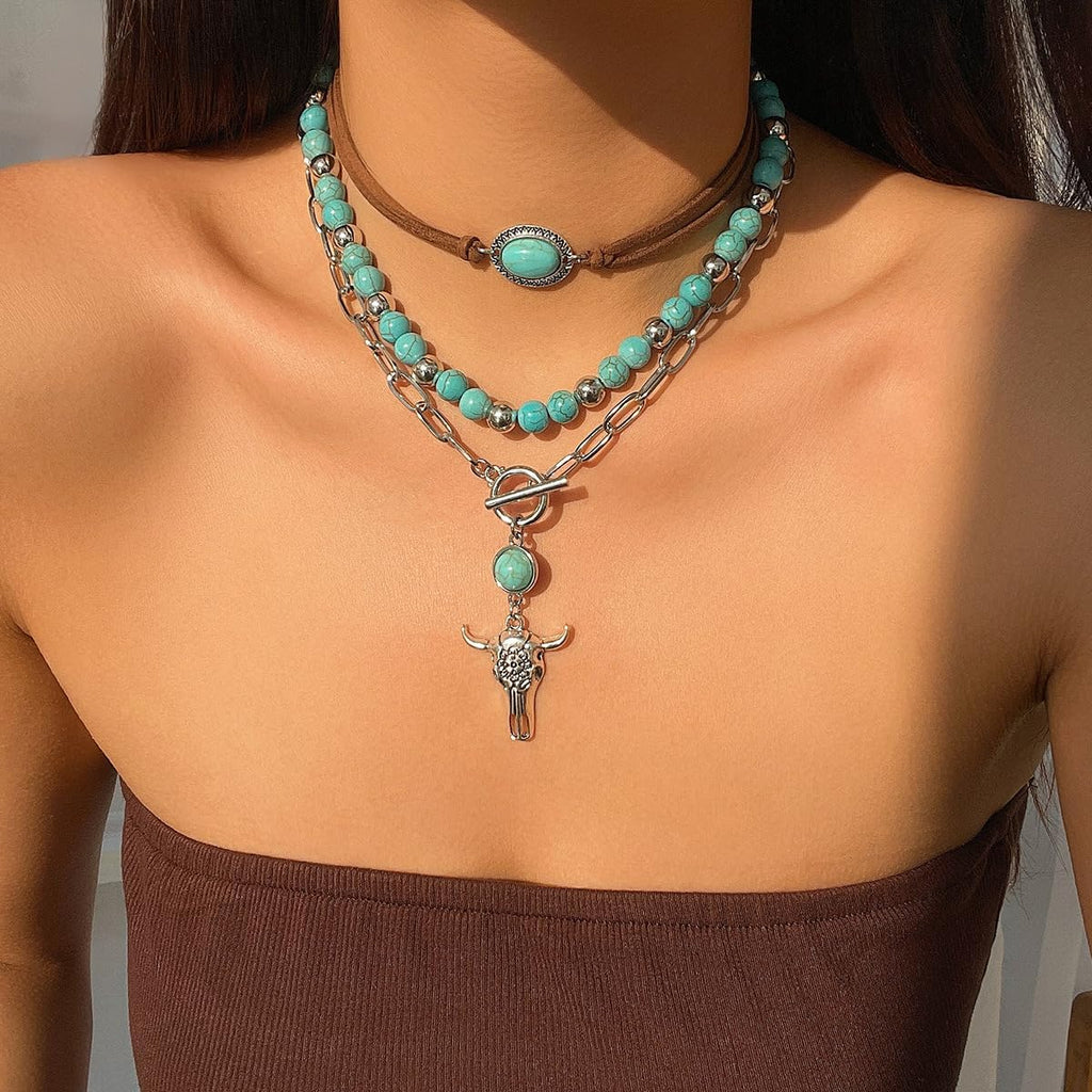Western Choker Necklaces for Women Vintage Layered Turquoise Beaded Western Jewelry Boho Ox-Head Cactus Cross Chain Choker Native Tribal Cowgirl Dresses Accessories (Style-A)