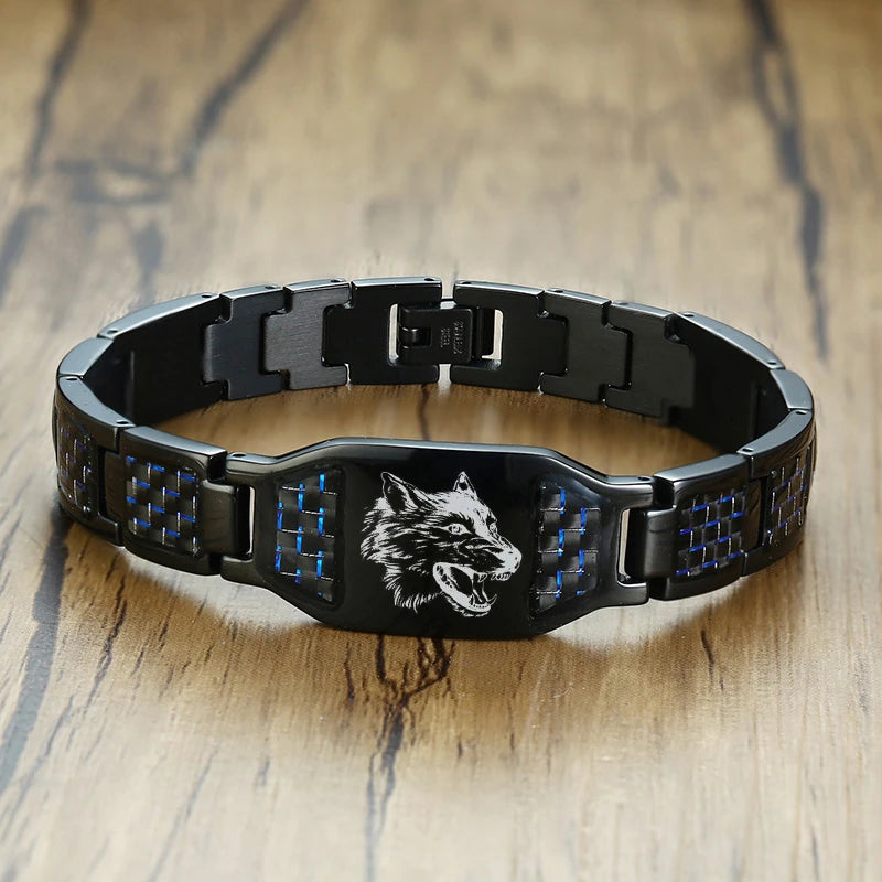 Engravable Dragon Scorpion Wolf Carbon Fiber Male Bracelets Personalize Men ID Bracelet Stainless Steel Jewelry to Father Gift
