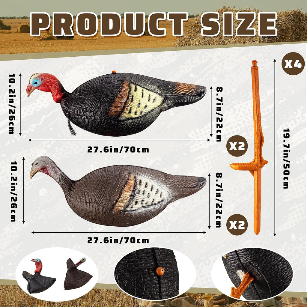 Collapsible Turkey Decoys for Hunting Lookout Standing Lifelike Lightweight Realistic Hunting Turkey Decoy Hen with Stake for Field, Forest, Wood, Ground, Outdoor, 13.4 X 5.5 X 6.7 Inches