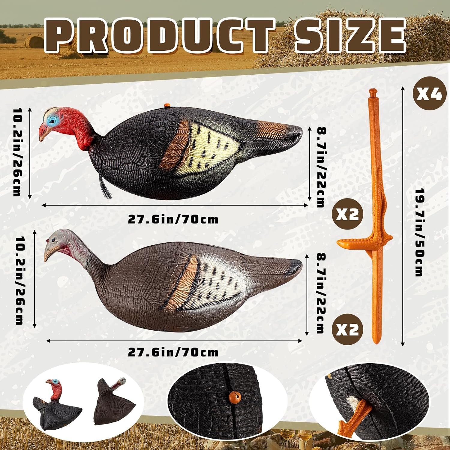 Collapsible Turkey Decoys for Hunting Lookout Standing Lifelike Lightweight Realistic Hunting Turkey Decoy Hen with Stake for Field, Forest, Wood, Ground, Outdoor, 13.4 X 5.5 X 6.7 Inches