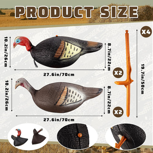 Collapsible Turkey Decoys for Hunting Lookout Standing Lifelike Lightweight Realistic Hunting Turkey Decoy Hen with Stake for Field, Forest, Wood, Ground, Outdoor, 13.4 X 5.5 X 6.7 Inches