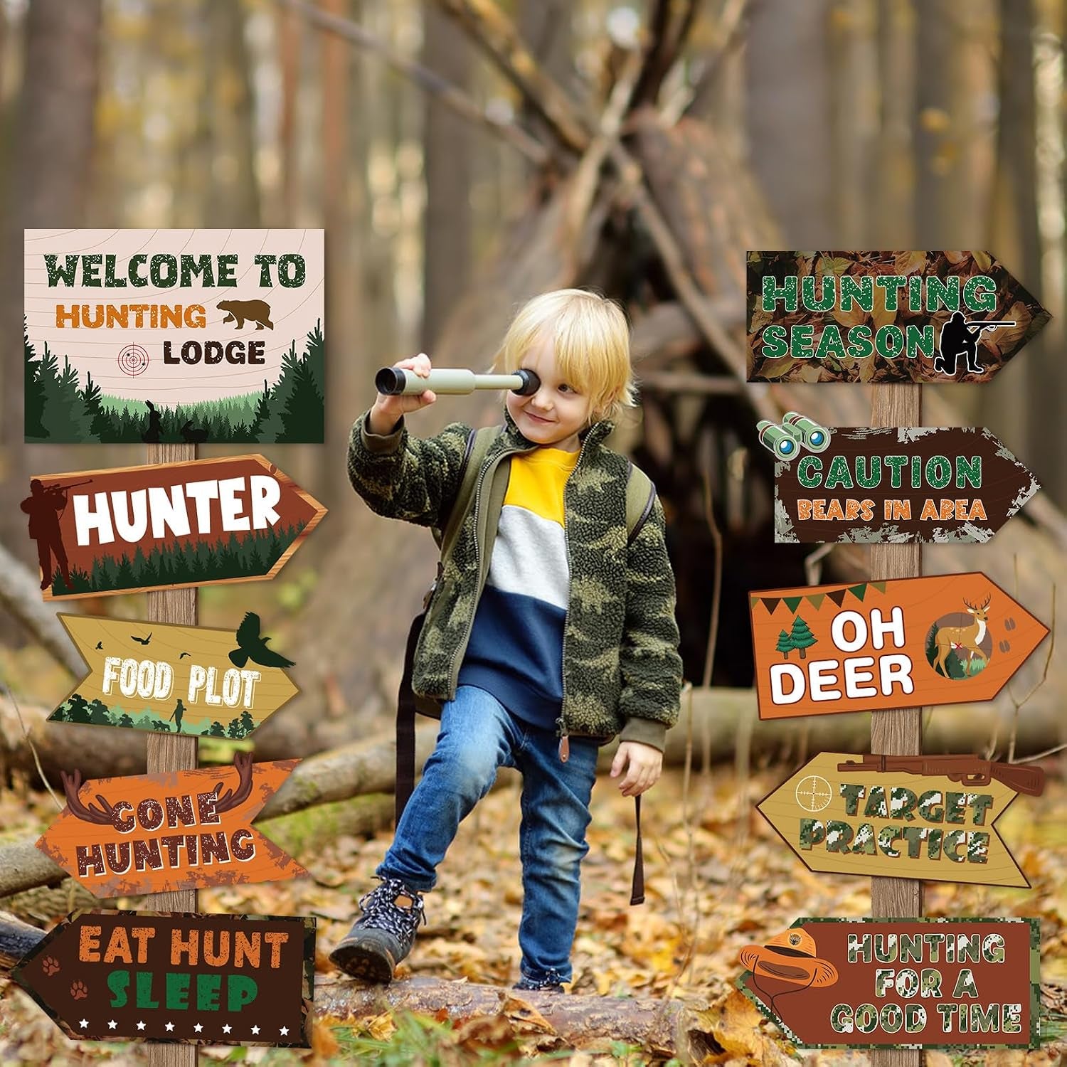 20 Pcs Hunting Party Decorations Signs Welcome to Hunting Lodge Directional Signs Deer Camo Decorations for Door Wall Yard Photo Booth Props Birthday Party Supplies