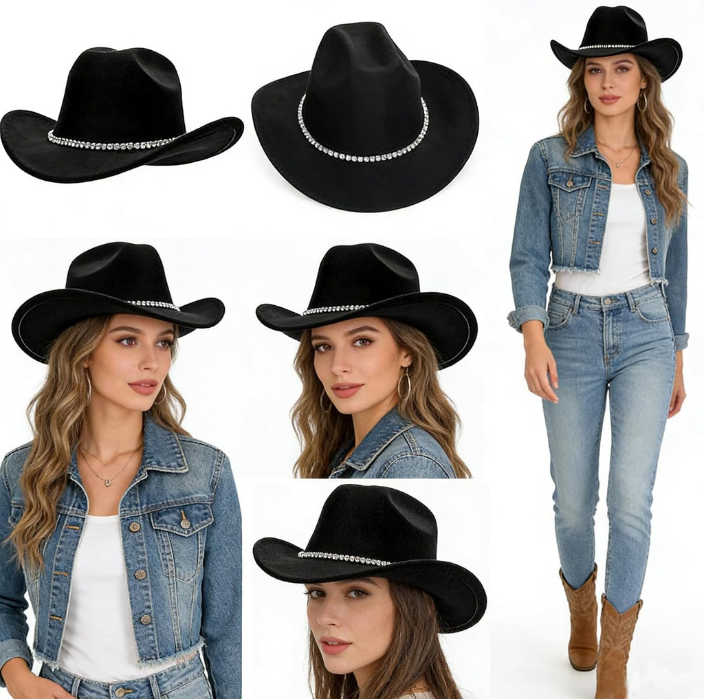 Women Sparkly-Rhinestone Western-Cowgirl-Hat Glitter-Bling Cowboy-Hat Felt-Rodeo-Hat for Disco-Party Medium/Large