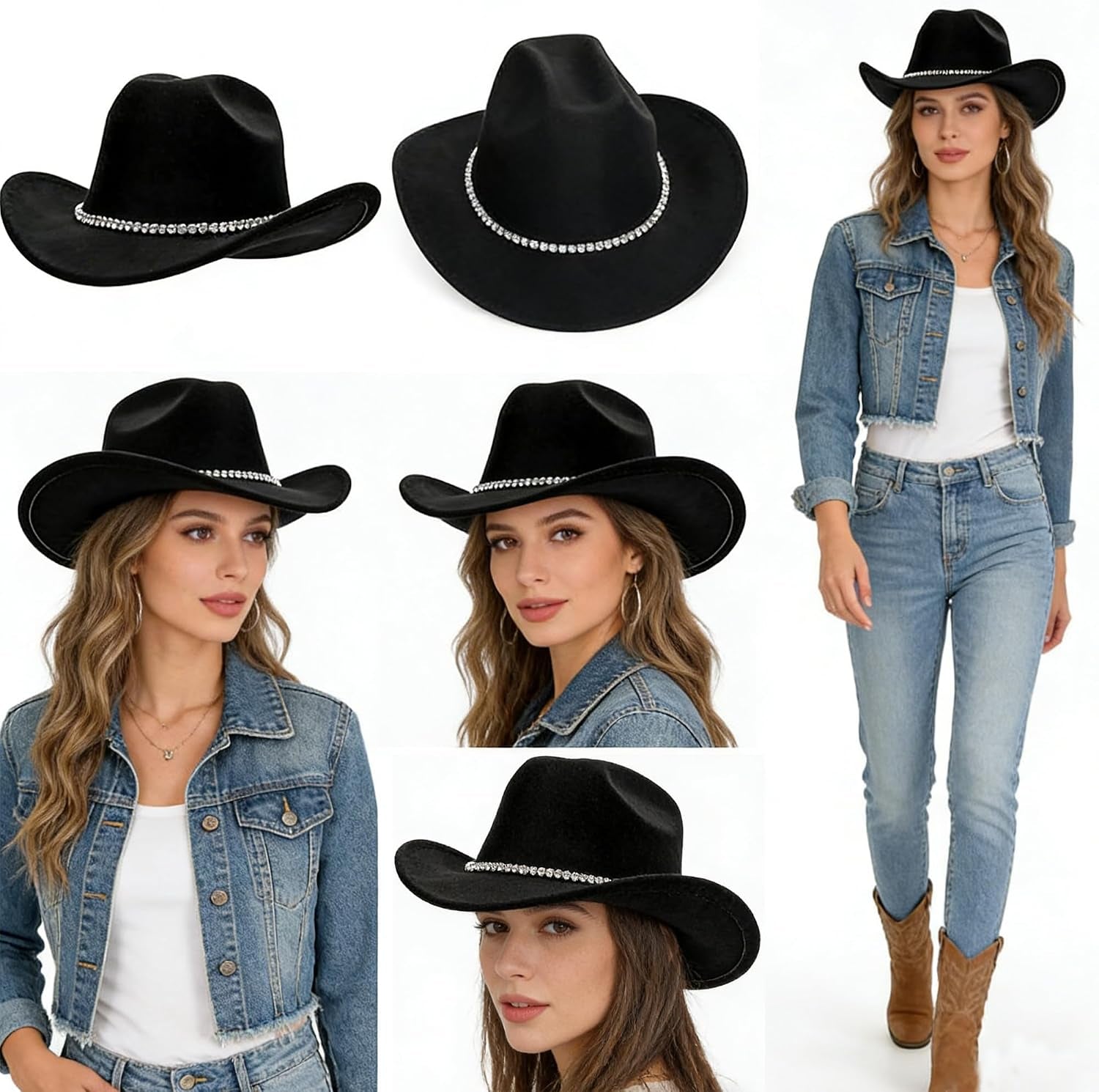 Women Sparkly-Rhinestone Western-Cowgirl-Hat Glitter-Bling Cowboy-Hat Felt-Rodeo-Hat for Disco-Party Medium/Large
