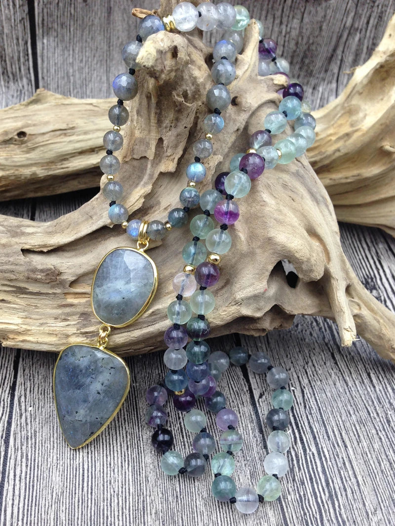 YA2737 Labradorite Pendant Stone Fluorite Beads Knot Handmade Necklace