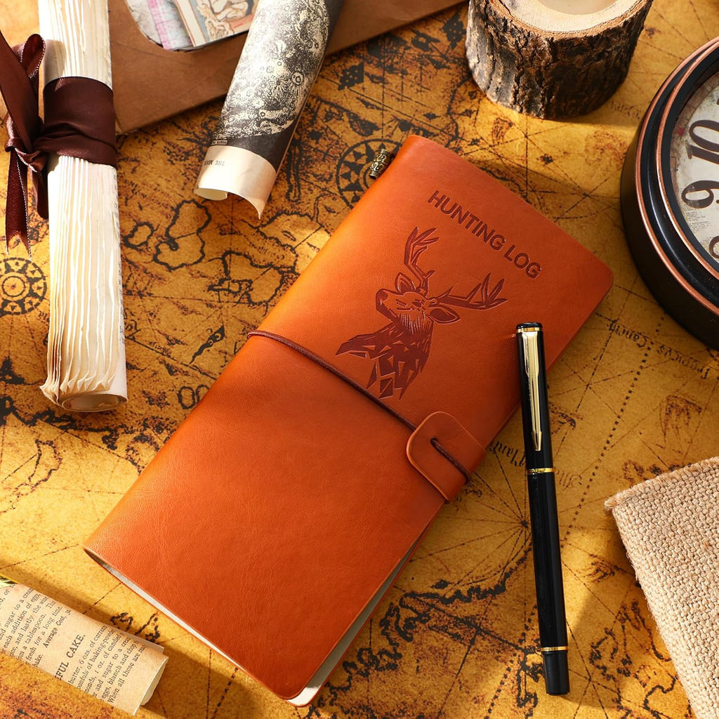 Hunting Log Book with Pen Leather Hunting Journal Book Pocket Elk Hunting Log Book Hunting Gifts for Men Designed for Huntsman to Record Hunt Details, 96 Pages (Brown)