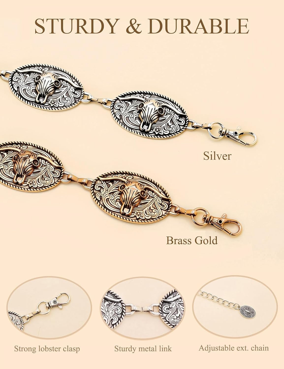 Western Metal Concho Belt for Women Cowgirl Chain Belts for Dresses Jeans Country Concert Outfit