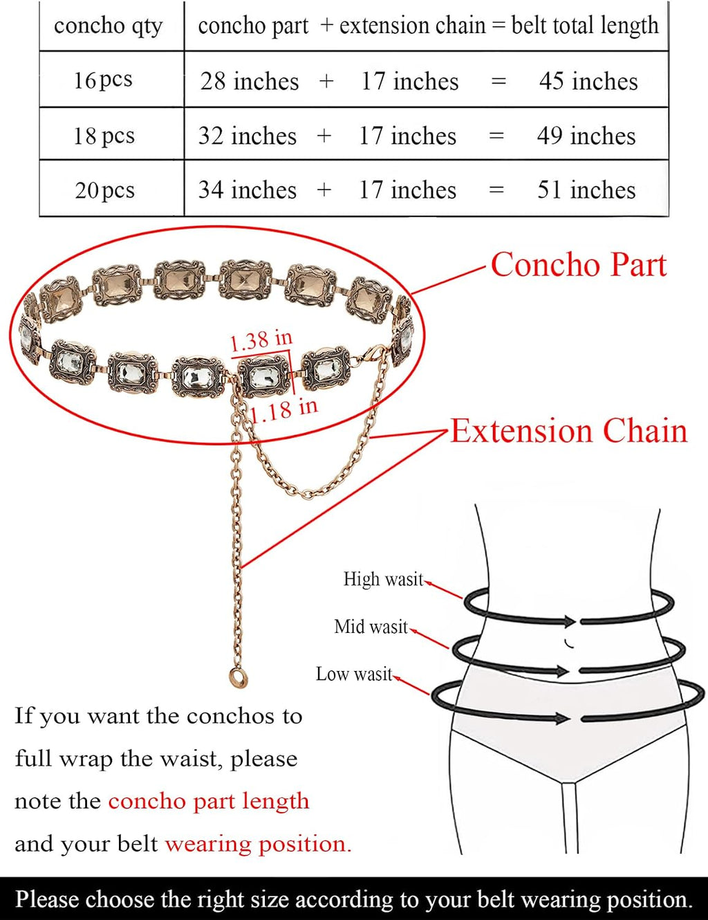 Western Metal Concho Belt for Women Cowgirl Chain Belts for Dresses Jeans Country Concert Outfit