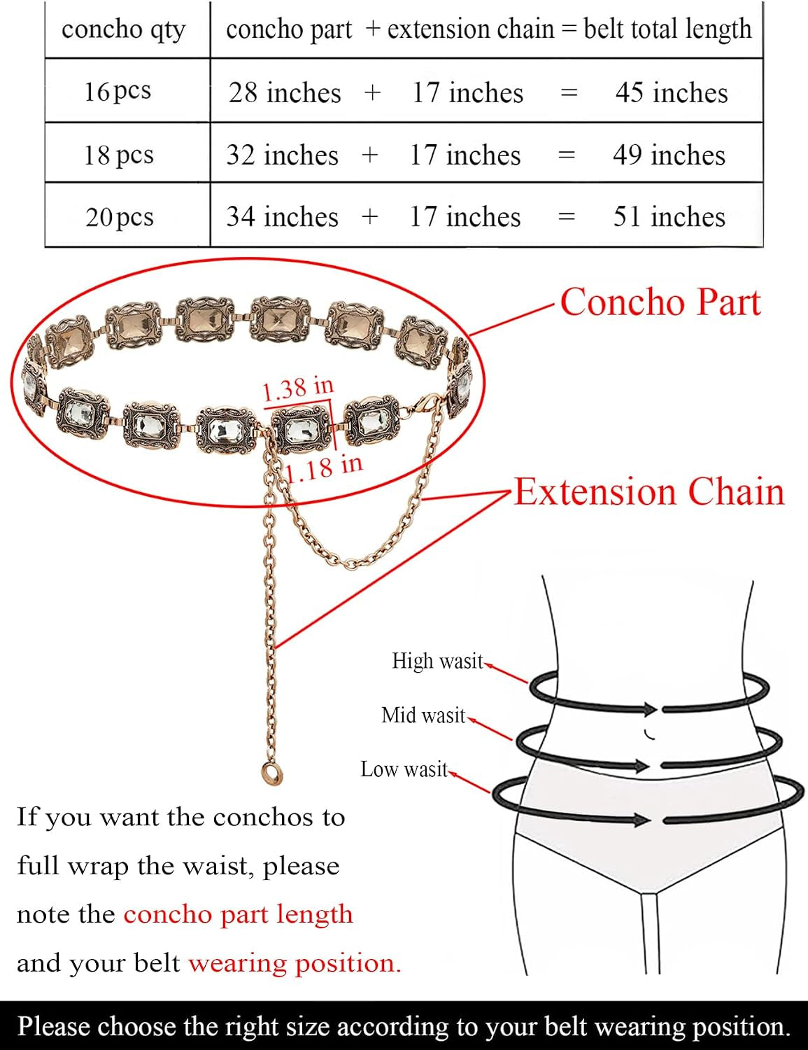 Western Metal Concho Belt for Women Cowgirl Chain Belts for Dresses Jeans Country Concert Outfit
